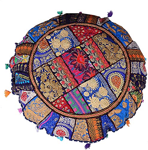 Indian Handmade Patchwork Codework Round Pouf Cover Ottoman Floor Pillow Cushion Seating Throw Decorative Pom Pom Pillow Cases Boho 32 Inches Royal Blue BFPC0105 - color: Royal Blue