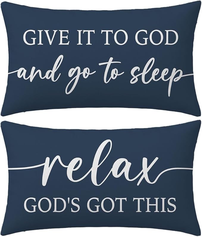 Decorative Throw Pillow Covers 12x20 Inch Set of 2 – Blue Christian Lumbar Pillowcase – Give It to God and Go to Sleep/Relax God’s Got This – Faith Bedroom Bed Decor