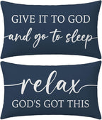 Decorative Throw Pillow Covers 12x20 Inch Set of 2 – Blue Christian Lumbar Pillowcase – Give It to God and Go to Sleep/Relax God’s Got This – Faith Bedroom Bed Decor