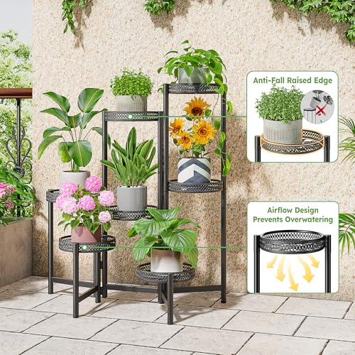 7 Tier Large Metal Plant Stand Indoor Outdoor with 7.9 Inch Wide Tray, Tiered Corner Plant Stand, Flower Display Holder Shelf, Folding Tall Rack for Patio Porch Balcony Living Room Garden - BlackWave - color: BlackWave, size: 7-tiers
