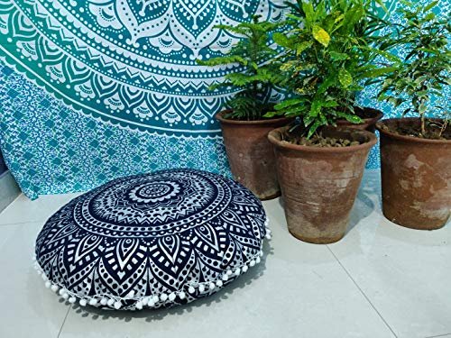 INDIAN CRAFT CASTLE 24" Blue Silver Mandala Barmeri Large Floor Pillow Cover Cushion Meditation Seating Ottoman Throw Cover Hippie Decorative Zipped Bohemian Pouf Ottoman Pom Pom Cases 24" Round - color: Blue Silver, style: 24 Inch Round