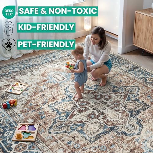 Bloom Rugs Caria Washable Non-Slip 6x9 Rug - Terracotta/Blue Traditional Area Rug for Living Room, Bedroom, Dining Room, and Kitchen - Exact Size: 6' x 9' - color: Terracotta / Blue, size: 6' x 9' (Rectangular)