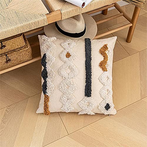 Beige Cream Boho Woven Tufted Throw Pillow Cover,Morocco Gray Brown Geometric Stripes Textured Indian Tribal Decorative Pillowcase,Farmhouse Cushion Cover for Bedroom Living Room Couch.18x18Inch - color: E