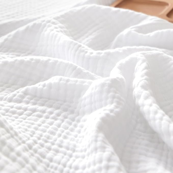 PHF 100% Cotton Muslin Blanket Queen Size 90"x90", 4-Layer Lightweight Gauze Throw, Breathable Cloud-Soft Minimalist Blanket for Bed, Couch, Camping & Baby, White, Ideal Gift