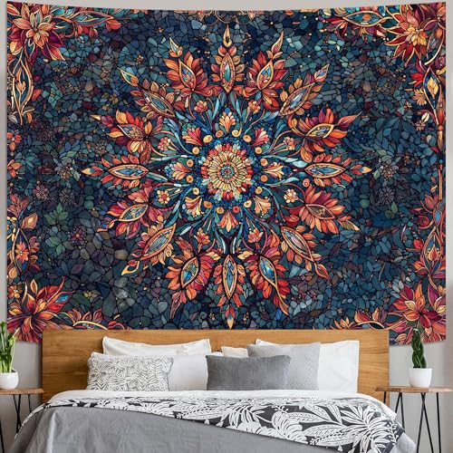Accnicc Boho Floral Mandala Tapestry for Bedroom Hippie Bohemian Flower Wall Tapestry Aesthetic Large Stained Glass Red Blue Indian Tapestries Wall Hanging for Living Room Dorm Decor 80 x 60 Inch - color: Orange Blue, size: 80"L x 60"W