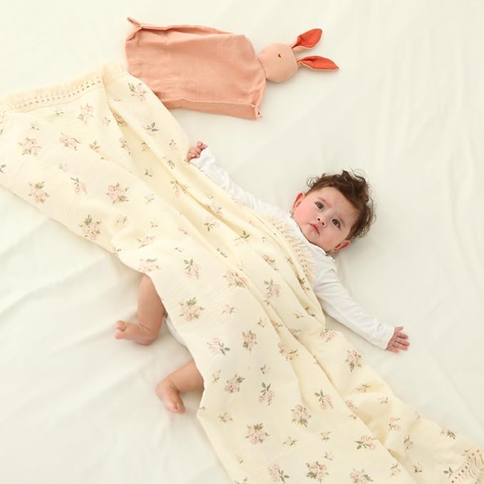 insular Cotton Muslin Baby Blanket with Tassel, Boho Bohemian Muslin Swaddle Blanket Baby Receiving Blanket with Fringe, Nursery Decor Throw or Nursing Blankets, 47" x40”, Pink Rose
