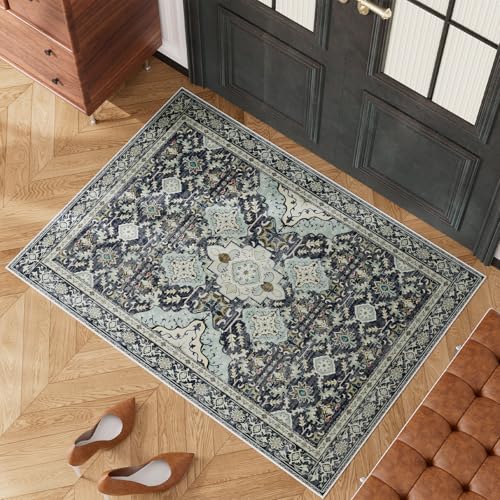 AMTOVO 2x3 Washable Entryway Area Rug Door Mat, Vintage Boho Distressed Print Pattern Non-Slip Carpet, Small Throw Rug for Indoor Entrance Kitchen Bedroom Bathroom Laundry Floor, Grayish Blue - color: Grayish Blue, size: 2' x 3' (Rectangular)