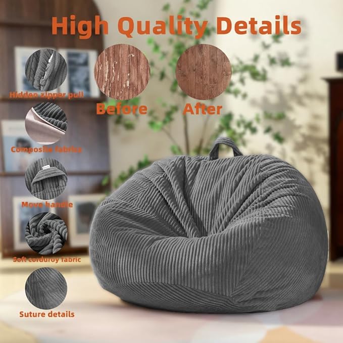 Stuffed Animal Storage Bean Bag Cover (No Filler), Corduroy Kids & Toddler Bean Bag Chair for Teens & Adults, Toy Storage Organizer, Comfy Sofa for Playroom (Dove Gray, Kids (Cover Only）)