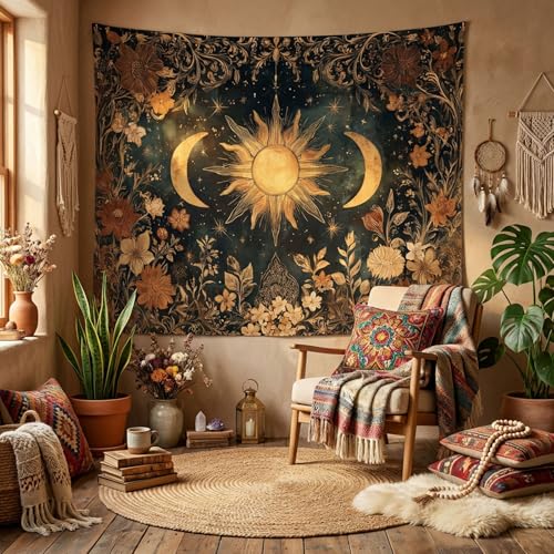 Gruaoihy Vintage Sun and Moon Tapestry, Retro Aesthetic Floral Wall Hanging for Bedroom Dorm Decor, 36x48 inches - color: Aesthetic Sun and Moon, size: 48"L x 36"W