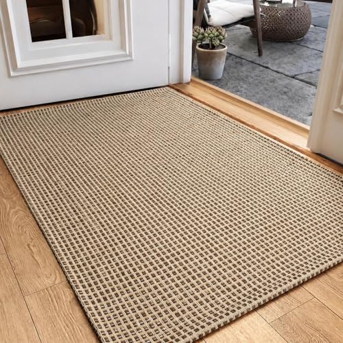 Washable 2x3 Entryway Rug, Door Mat Indoor Entrance, Non Slip Kitchen Rug, Boho Woven Small Rugs,Low Pile Front Door Mats for Laundry, Living Room Bedroom Farmhouse Decor (2'x3', Brown) - color: Brown, size: 2' x 3'