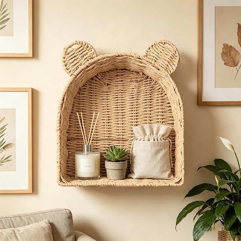 Arched Bear Nursery Wall Shelf, Handwoven Wicker Nursery Shelf for Wall, Wall Mounted Nursery Bookshelf for Small Books, Toys & Décor - color: Beige
