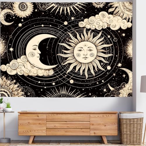 Delur Sun and Moon Tapestry Black Dark Boho Spiritual Burning Sun Tapestry Wall Hanging Mystic Aesthetic Cloud Abstract Star Psychedelic Headboard for Bedroom Living Room Home Decor (70.8" x 92.5") - color: Dark Sun and Moon, size: 70.8"L x 92.5"W