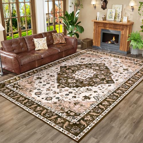 Amearea Vintage Design Area Rugs for Living Room, 4x6 Machine Washable Floral Collection Traditional Bedroom Rug, Low Pile Cute Kids Room Print Carpet, No Slip Office Kitchen Home Decor, Brown - color: Brown, size: 4' X 6' (Rectangular)