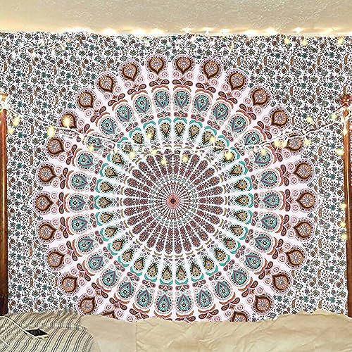 Bless International Handmade Indian hippie Bohemian Psychedelic Peacock Mandala Wall hanging College Dorm Beach Throws Table Cloth Bedding Tapestry (Floral Gold, Queen(84x90Inches)(215x230Cms)) - color: Floral Gold, size: 90"L x 84"W