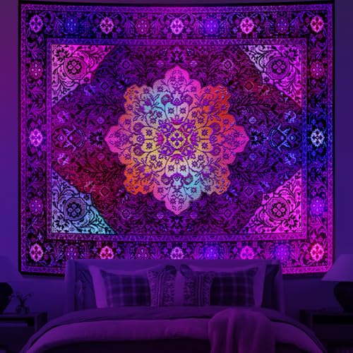 Tichgeim Blacklight Mandala Tapestry for Bedroom Aesthetic, Black Light Hippie Boho Floral Art Poster Tapestries, UV Indian Medallion Bohemian Wall Hanging Decor for Living Room Dorm 60" L x 51" W - color: Blacklight Mandala Tapestry, size: 60"L x 51"W