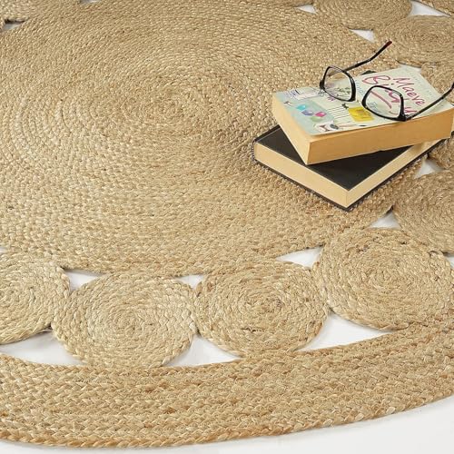 GRUHUM Jute Area Rug 7ft Natural Fiber Round Handmade Boho Charm Farmhouse Soft Bohemian Braided Reversible Rustic Vintage Rugs for Indoor Kitchen Bedroom Living Room Hallways Enterways(7'ft Round) - color: Natural- 28, size: 7' (Round)