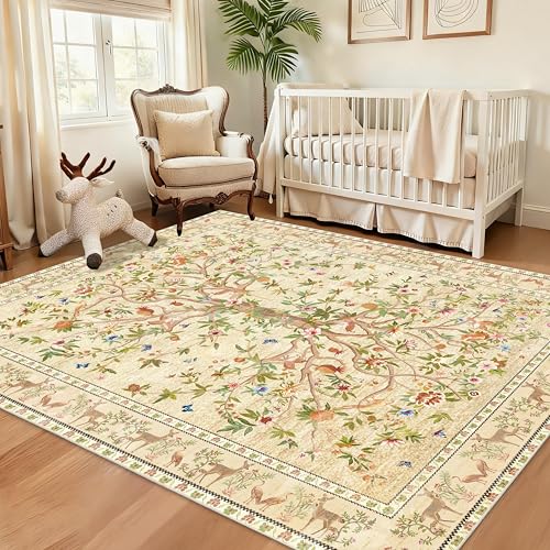 5x7 Area Rugs, Machine Washable Non-Slip Rug, Boho Floral Botanical Soft Low Pile Throw Rugs for Living Room, Bedroom, Dining Room, Office (Beige) - color: Beige, size: 7' x 5' (Rectangular)