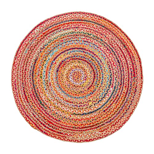 Hausattire Bohemian Braided Rug 3' Round - Multi Color, Small Farmhouse Jute Cotton Area Rag Rugs for Kids Bedroom, Playroom | Colorful Circle Hand Woven Cute Accent Mat - color: Multi Color, size: 3' (Round)