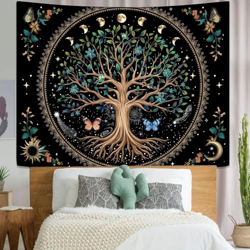 Lunerfex Tree of Life Tapastry Sun and Moon Tapastry Flower Boho Tree Mandala Wall Hanging for Bedroom and Living Room Decor Green Tree 60×80 Inches - color: Light Green, size: 80"L x 60"W