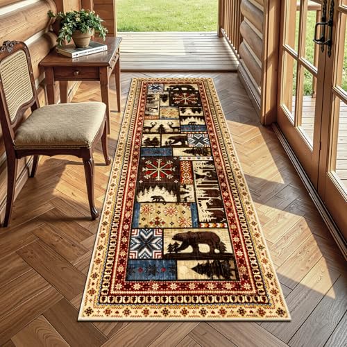 LOKHOM Bear Runner Rug, 2x6 Non-Slip Cabin Washable Hallway Runner Rug with Rubber Backing, Low Pile Soft Rustic Western Buffalo Kitchen Rug for Laundry Bedroom Entryway Nursery - color: Vintage Bear, size: 2' x 6' (Runner)