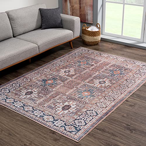 Bloom Rugs Washable Non-Slip 2' x 3' Rug - Brown/Blue/Orange Traditional Oriental Area Rug for Living Room, Bedroom, Dining Room, and Kitchen - Exact Size: 2' x 3' - color: Brown / Blue / Orange, size: 2' x 3' (Rectangular)