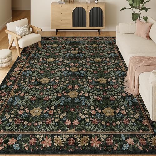 DUKINO 9x12 Area Rugs for Living Room, Large Soft Vintage Floral Washable Rug, Non Slip Indoor Floor Low Pile Carpets for Bedroom, Farmhouse, Dining Room, Nursery, Home Office, Black - color: Black, size: 9' x 12' (Rectangular)