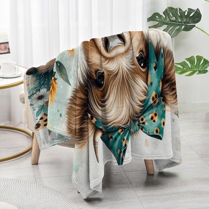 Teal Highland Cow Blanket Girl Gifts Western Farm Animal Sunflower Flannel Fleece Nursery Bed Blankets Soft Lightweight Funny Animal Cow Print Blanket Highland Cow Nursery Bed Decor 60"x80"