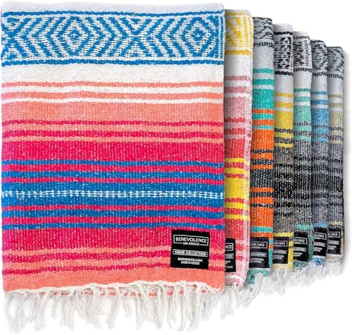 Benevolence LA Authentic Mexican Blanket – Handwoven Falsa Serape Throw – Beach, Camping, Picnic & Yoga Blanket – Lightweight Cotton Throw for Outdoor & Home – Coral, 50x70 in - color: Coral