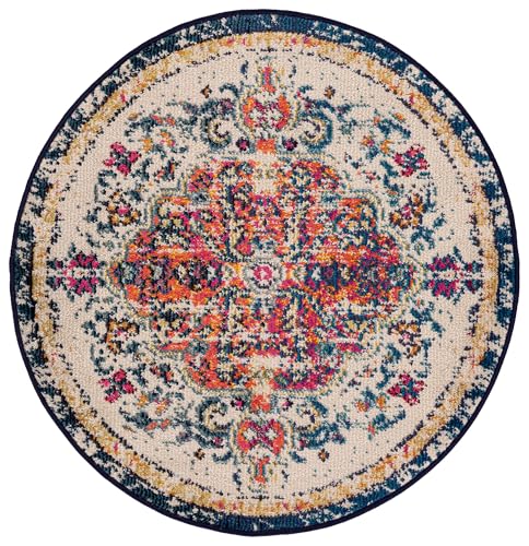 SAFAVIEH Madison Collection Area Rug - 3' Round, Ivory & Orange, Boho Chic Medallion Distressed Design, Non-Shedding & Easy Care, Ideal for High Traffic Areas in Living Room, Bedroom (MAD447A) - color: Ivory/Orange, size: 3' (Round)