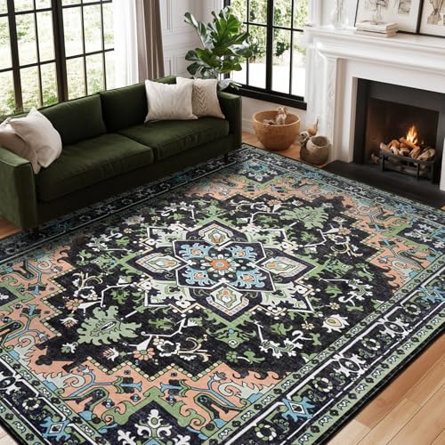 5x7 Area Rugs, Vintage Washable Area Rug for Living Room, Floral Boho Area Rugs for Bedroom, Office, Non-Slip Colorful Rug, Traditional Vintage Style, Plush Low-Pile Soft Carpet, Dark Green - color: Dark Green, size: 5' x 7' (Rectangular)