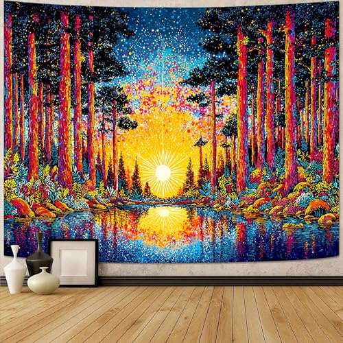 Spenlife Forest Lake Starburst Wall Tapestry, Trippy Sunrise Reflection Tapestries for Living Room Decor, Vibrant Tapestry 60x44 Inch - color: Orange Blue, size: 60"L x 44"W