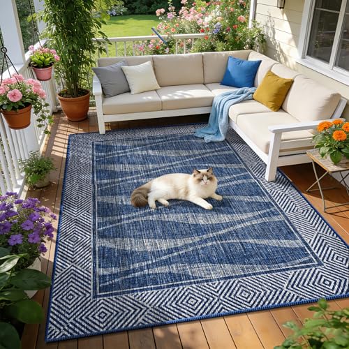 Easy Jute Rug 5x7 Outdoor Patio Rug with Border, Washable Rugs for Living Room, Farmhouse Non Slip Area Rugs with Rubber Backing Indoor Outdoor, Non Shedding Carpet for Bedroom, Courtyard, Blue - color: Blue, size: 5'x7'