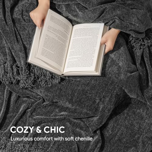 RECYCO Throw Blanket Soft Cozy Chenille Throw Blanket with Fringe Tassel for Couch Sofa Chair Bed Living Room Gift (Dark Gray, 50" x 60") - color: Dark Gray, size: 50'' X 60''
