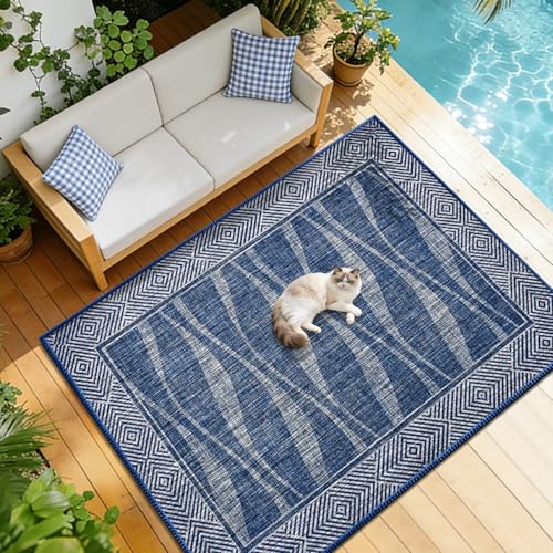 Jute Rug 6x9 Outdoor Patio Rug with Border, Washable Rugs for Living Room, Farmhouse Non Slip Area Rugs with Rubber Backing Indoor Outdoor, Non Shedding Carpet for Bedroom, Courtyard, Blue - color: Blue, size: 6'x9'
