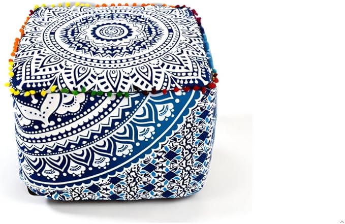 CRAFT KALA Indian Square Patchwork Traditional Pouf Cover Indian Living Room Poufs Cover Decorative Designer Ottoman Pom Pom Home Living Footstool Chair Cover Ottoman Decor 16X16X14 inches, Blue Ombre