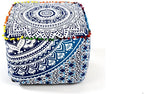CRAFT KALA Indian Square Patchwork Traditional Pouf Cover Indian Living Room Poufs Cover Decorative Designer Ottoman Pom Pom Home Living Footstool Chair Cover Ottoman Decor 16X16X14 inches, Blue Ombre