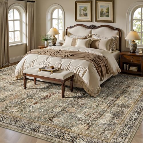 9x12 Area Rugs for Living Room - Washable Vintage Retro Large Rug, Soft Ultra Thin Non Slip Low Pile Traditional Distressed Boho Carpet for Bedroom Dining Room Home Office, Charcoal Olive - color: B-charcoal / Olive, size: 9x12