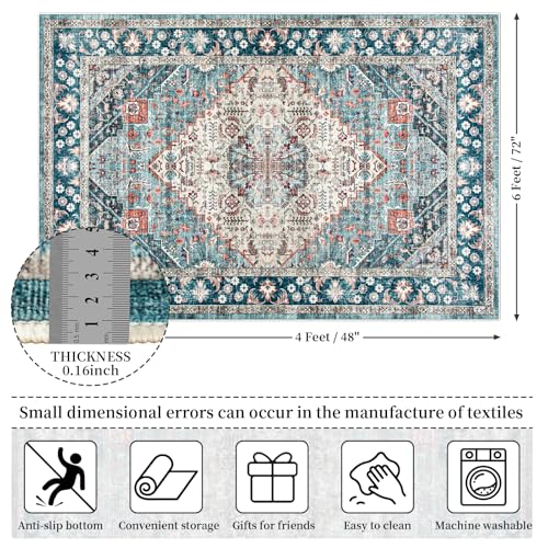 Amearea Vintage Design Blue Area Rugs for Living Room, 4x6 Machine Washable Floral Collection Traditional Bedroom Rug, Low Pile Dinning Room Carpet, No Slip Office Kitchen Home Decor, Light Blue - color: Light Blue, size: 4' X 6' (Rectangular)