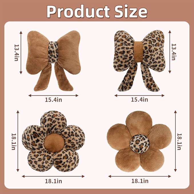 2Pcs Leopard Print Bow Throw Pillow Furry Bow Plush Pillows Cute Flower Plush Pillow Cheetah Home Decor Stuffed Bow Lumbar Pillow for Bed Couch Living Room Decor (Brown, 18.1in Bowknot)
