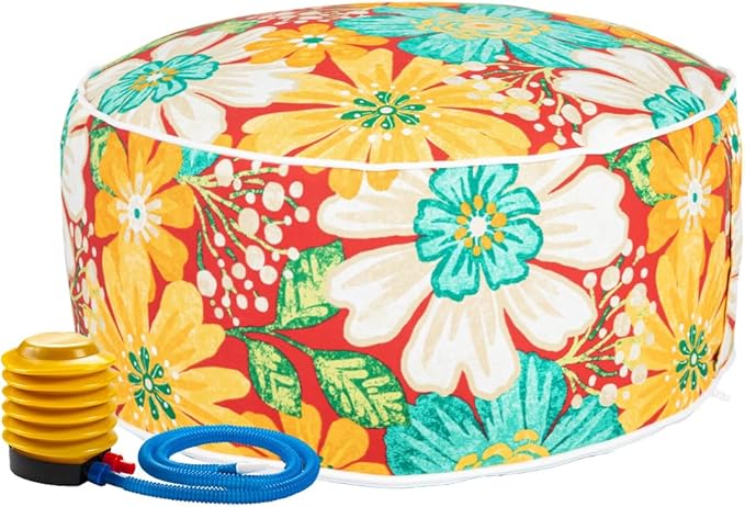 Magpie Fabrics Indoor/Outdoor Inflatable Stool Ottoman Pouf, Water Repellent Round Footrest Footstool with Foot Pump D20 xH9, Portable for Patio Garden Camping, Embry Red Hibiscus