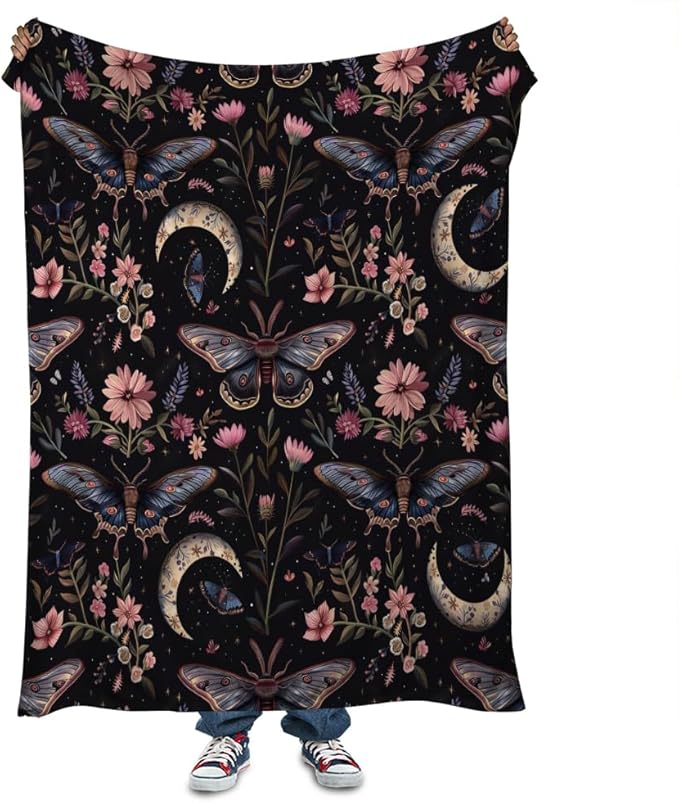 Moon Moth Throw Blanket 40"x50" Soft Cozy Lightweight Flannel,Mystical Night Garden Botanical Celestial Blankets Gifts for Women Gothic Witchy Blanekts for Couch Office Travel Home Decor