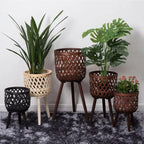Nordic Style Rattan Flower Pot Indoor Balcony Living Room Plant Green Flowers Hand-Woven Wooden Tall Floor Flower Stand (Beige, 9.7x17inch(24.5x43cm))