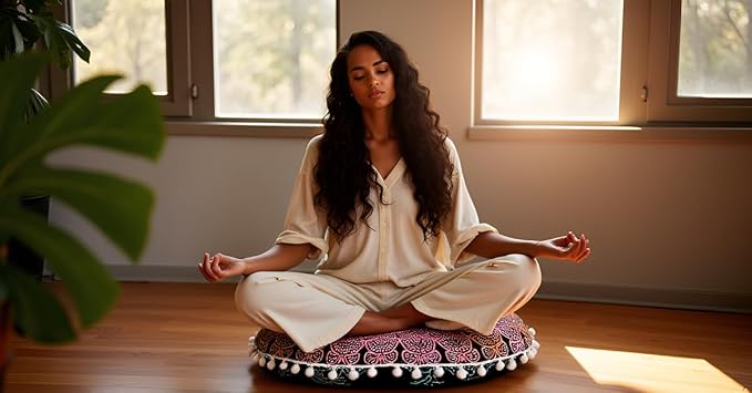 Round Mandala Floor Pillow Cover Seating Cushion Throw Cover Hippie Decorative Bohemian Ottoman Pouf Cover, Pom Pom Pillow Cases,Boho Indian 22 Inches (Multi Peacock)