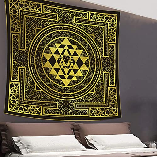 SHRAPHY Golden Sri Yantra Tapestry 60x60 Inches Mandala Sacred Geometry Decor Tapestry Yoga Meditation Spiritual Tapestries for Room Bedroom GTHYUH566