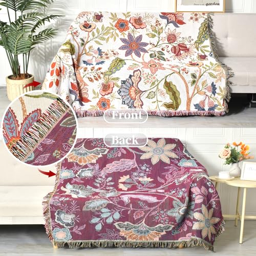 Boho Throw Blanket Reversible Cotton Bohemian Tapestry Hippie Room Decor Double Sided (Boho Flower Dark 50"x60") - color: Boho Flower Dark 4, size: 50*60 inch