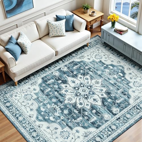 6x9 Coastal Blue White Area Rugs for Living Room - Vintage Boho Medallion Aesthetic Distressed Washable Rug, Soft Non-Slip Backing Low Pile Carpet for Office, Lounge, Bedroom Foot of Bed - color: Coastal Blue White, size: 6' x 9' (Rectangular)