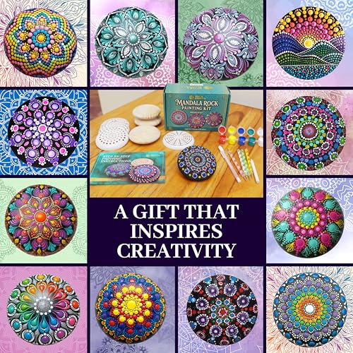 Mandala Rock Painting Kit – Mandala Dotting Tools Set - 5 Large Wooden Rocks + 6 Stencils + Acrylic Paints - Relaxing Arts and Crafts for Adults Women - DIY Hobbies Art and Projects Dot Art Kit