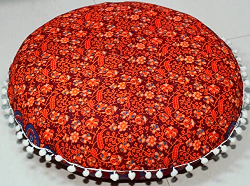 Round Mandala Floor Pillow Cover Seating Cushion Throw Cover Ottoman Pouf Cover Pom Pom Pillow Cases Hippie Decorative Bohemian Boho Indian 22 Inches (Maroon) - color: Maroon