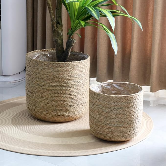 Seagrass Planter Basket Set with Plastic Lining Woven Indoor Outdoor Plant Pot Covers Natural Storage Containers for Flowers & Plants(11.81''X11.81'')