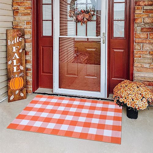 Fall Plaid Area Rug 3x5 Ft, Orange and White Buffalo Check Large Farmhouse Cotton Rug, Hand-Woven Washable Indoor Outdoor Carpet for Halloween Thanksgiving Autumn Porch Patio Decor - color: Orange & White, size: 3' x 5' (Rectangular)